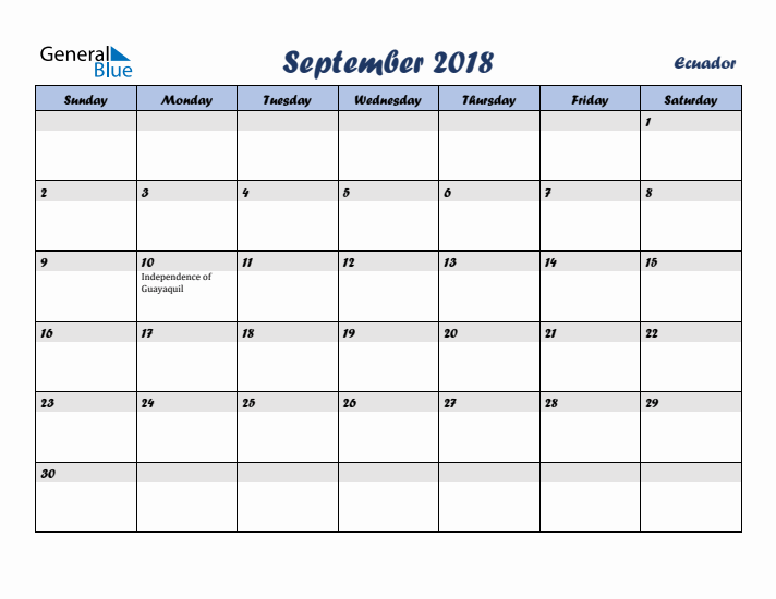 September 2018 Calendar with Holidays in Ecuador
