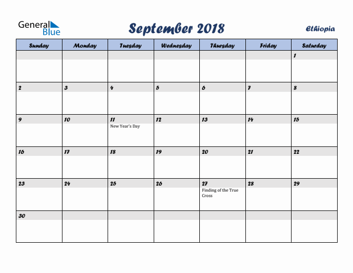 September 2018 Calendar with Holidays in Ethiopia