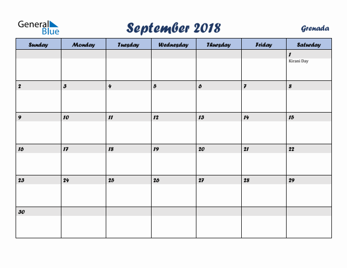 September 2018 Calendar with Holidays in Grenada