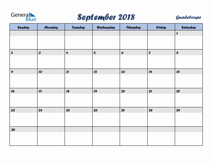 September 2018 Calendar with Holidays in Guadeloupe