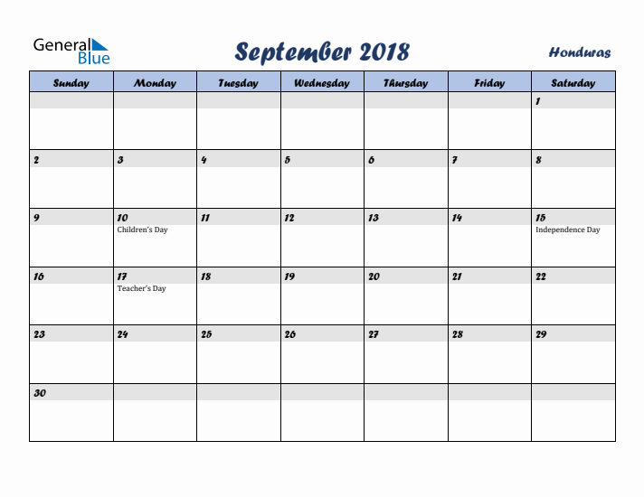 September 2018 Calendar with Holidays in Honduras