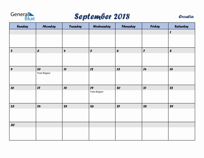 September 2018 Calendar with Holidays in Croatia
