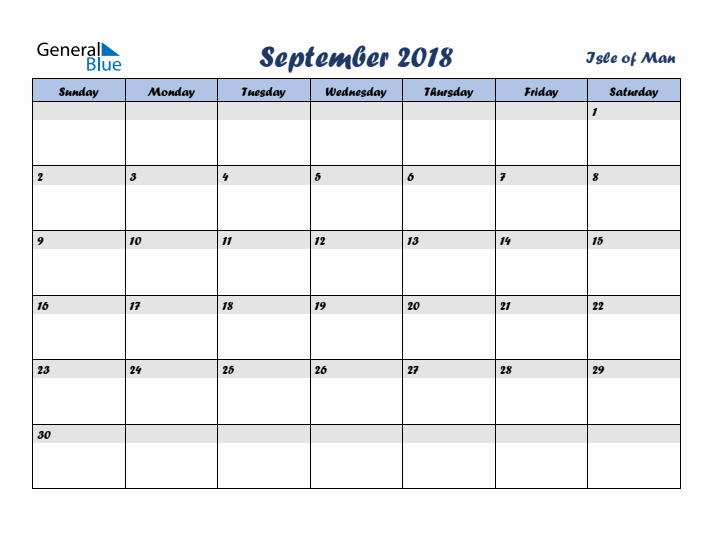 September 2018 Calendar with Holidays in Isle of Man