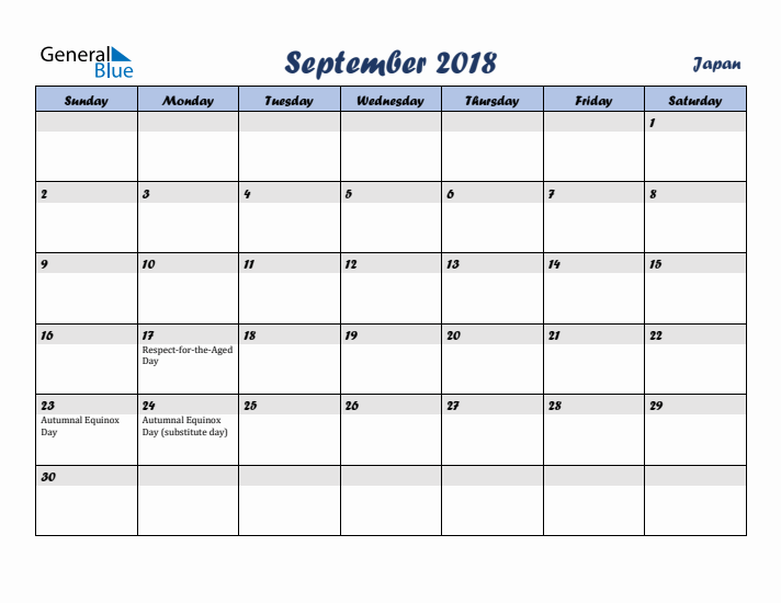 September 2018 Calendar with Holidays in Japan