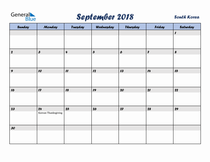 September 2018 Calendar with Holidays in South Korea