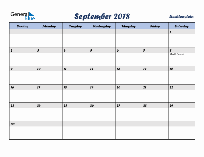 September 2018 Calendar with Holidays in Liechtenstein