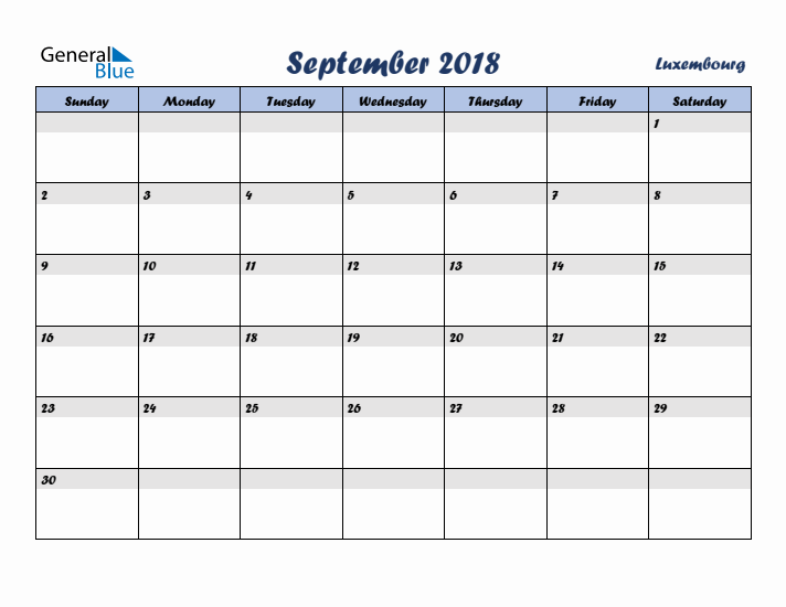 September 2018 Calendar with Holidays in Luxembourg