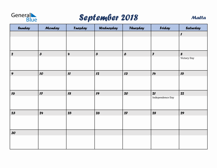 September 2018 Calendar with Holidays in Malta