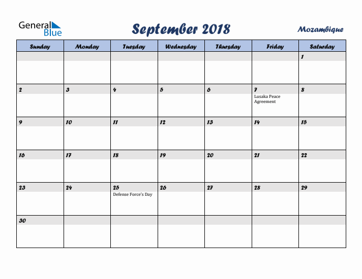 September 2018 Calendar with Holidays in Mozambique