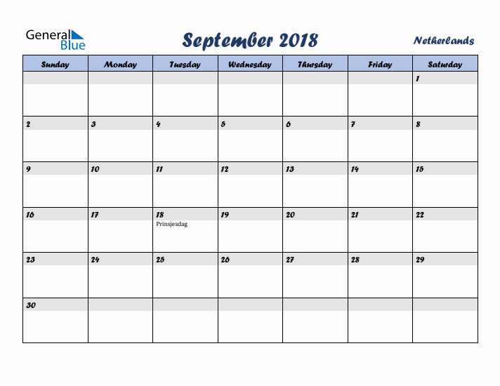 September 2018 Calendar with Holidays in The Netherlands