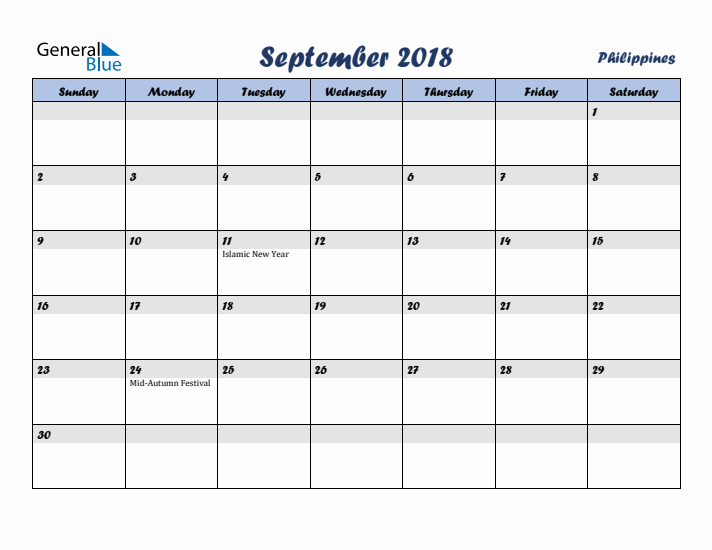 September 2018 Calendar with Holidays in Philippines