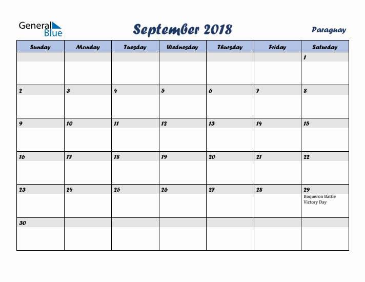 September 2018 Calendar with Holidays in Paraguay