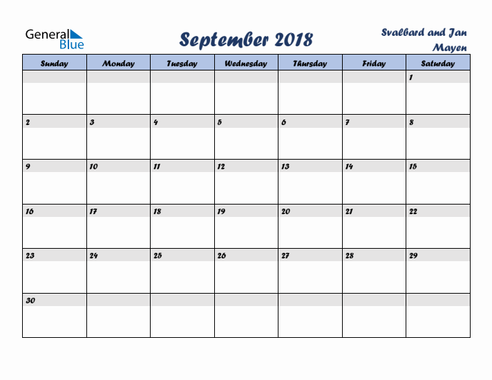 September 2018 Calendar with Holidays in Svalbard and Jan Mayen