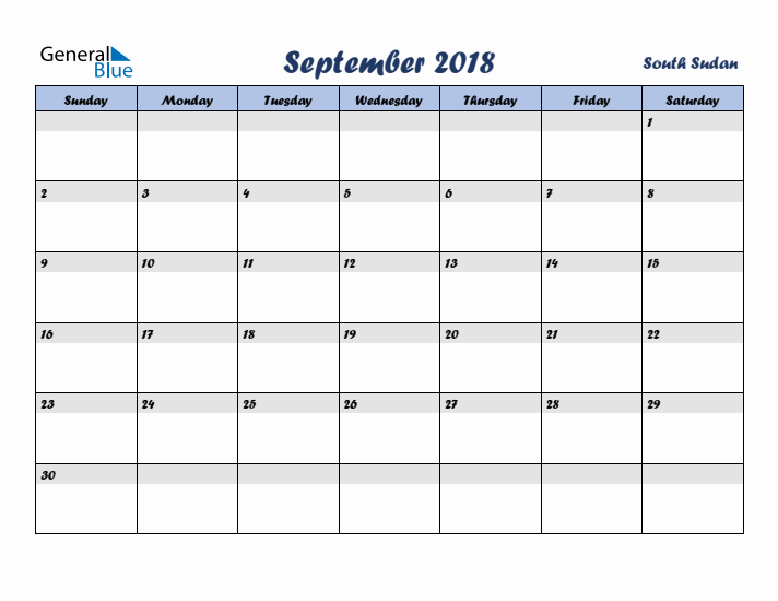September 2018 Calendar with Holidays in South Sudan