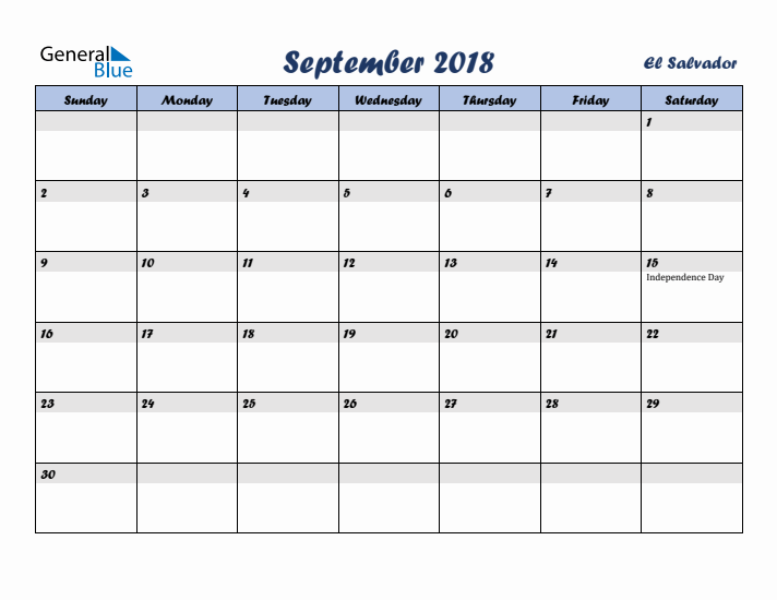 September 2018 Calendar with Holidays in El Salvador