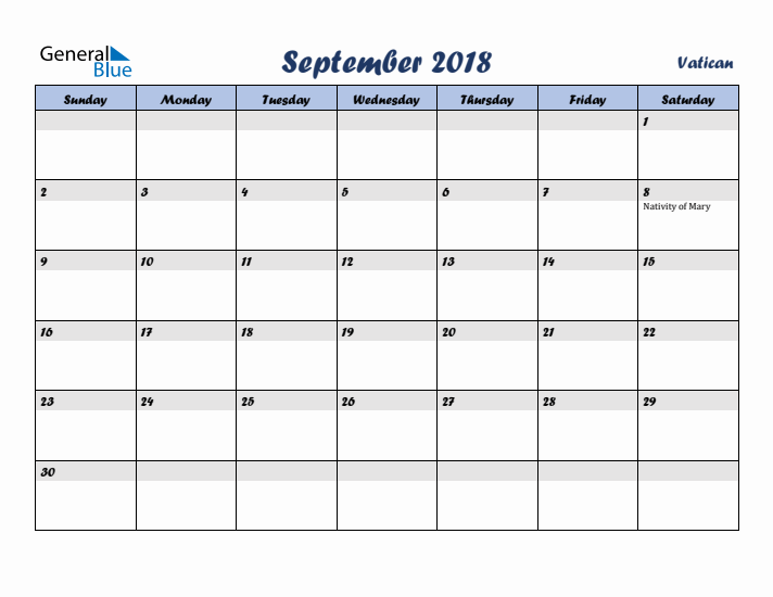 September 2018 Calendar with Holidays in Vatican