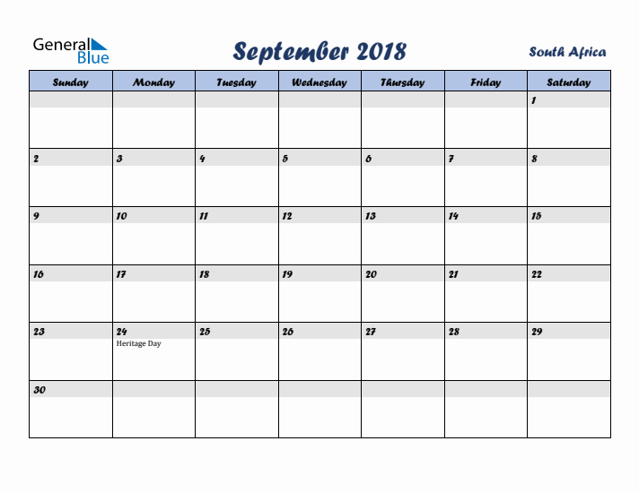 September 2018 Calendar with Holidays in South Africa