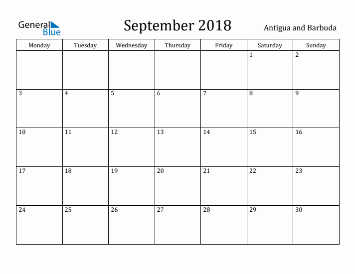 September 2018 Calendar Antigua and Barbuda