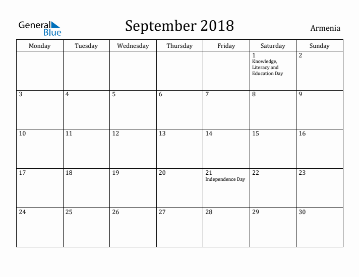 September 2018 Calendar Armenia