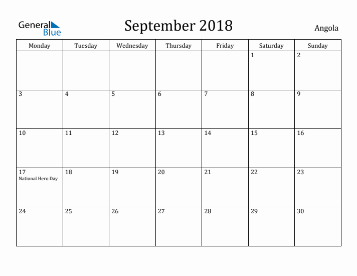 September 2018 Calendar Angola