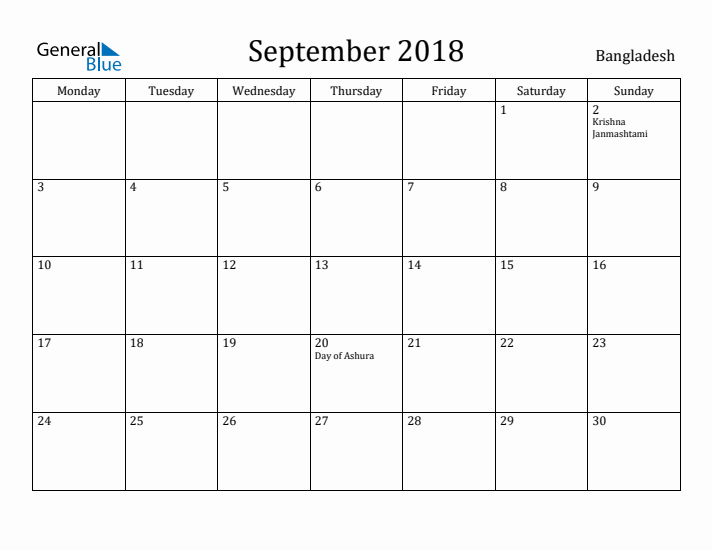 September 2018 Calendar Bangladesh