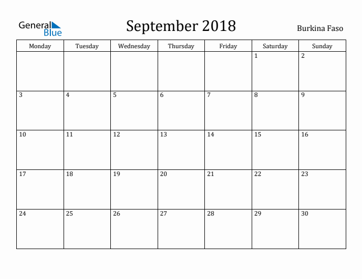 September 2018 Calendar Burkina Faso