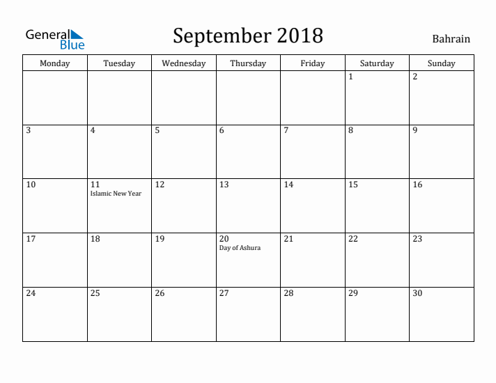 September 2018 Calendar Bahrain