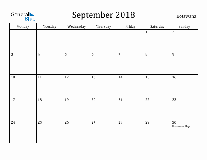 September 2018 Calendar Botswana