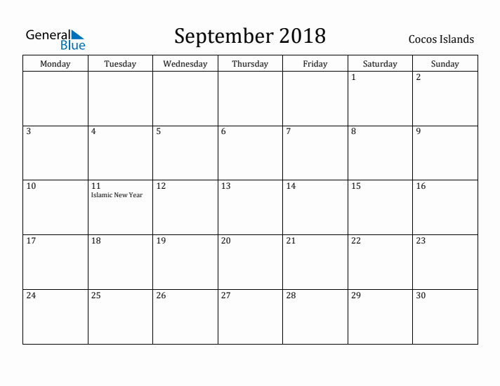 September 2018 Calendar Cocos Islands