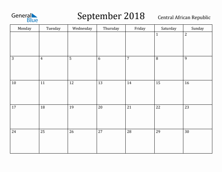 September 2018 Calendar Central African Republic