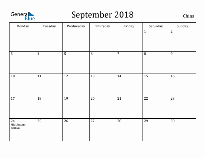 September 2018 Calendar China
