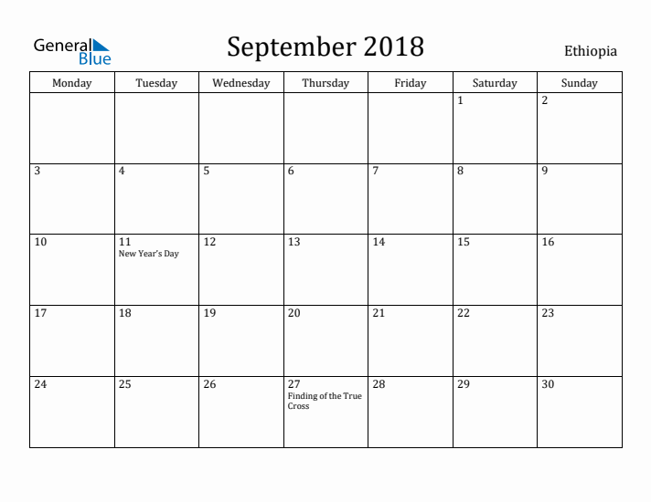September 2018 Calendar Ethiopia