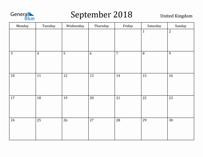 September 2018 Calendar United Kingdom