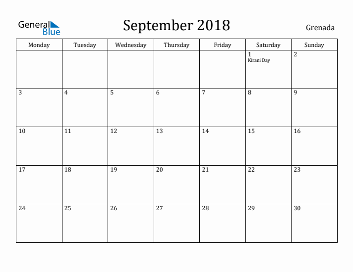September 2018 Calendar Grenada