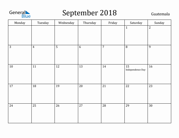 September 2018 Calendar Guatemala