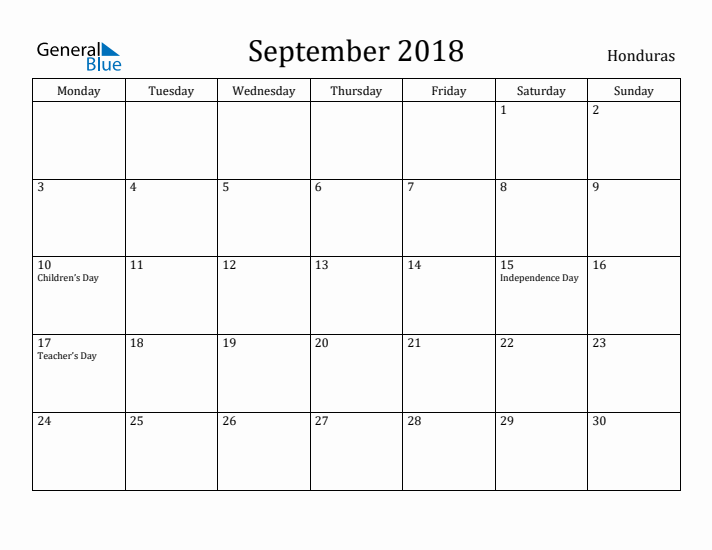 September 2018 Calendar Honduras