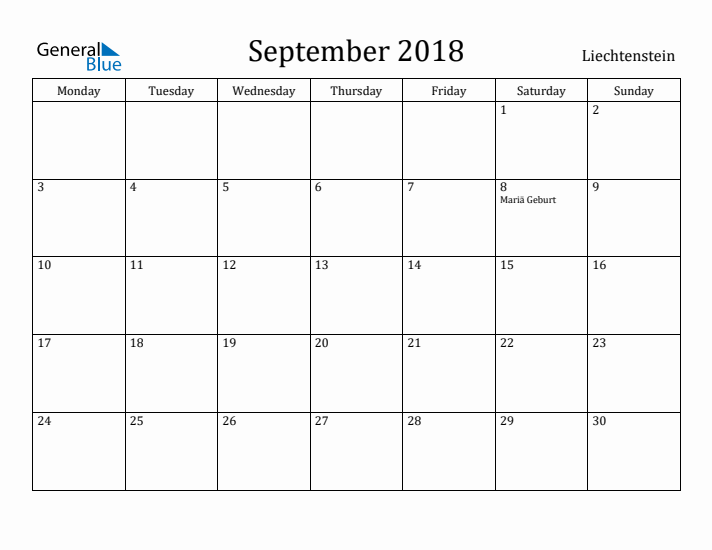September 2018 Calendar Liechtenstein