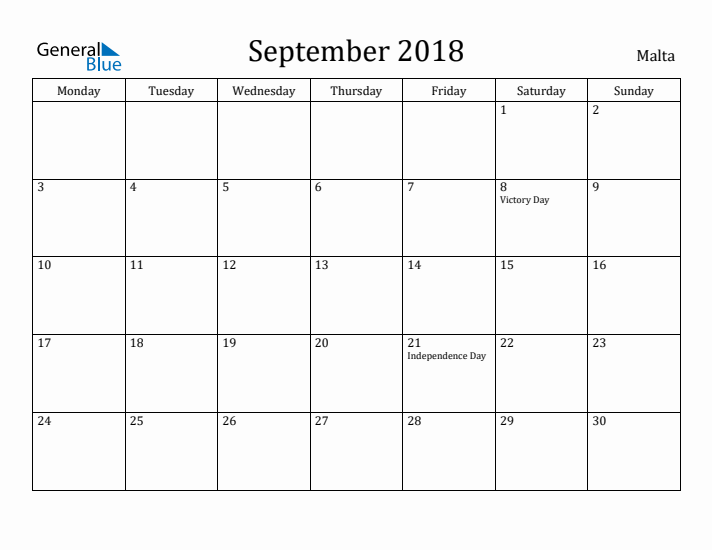 September 2018 Calendar Malta
