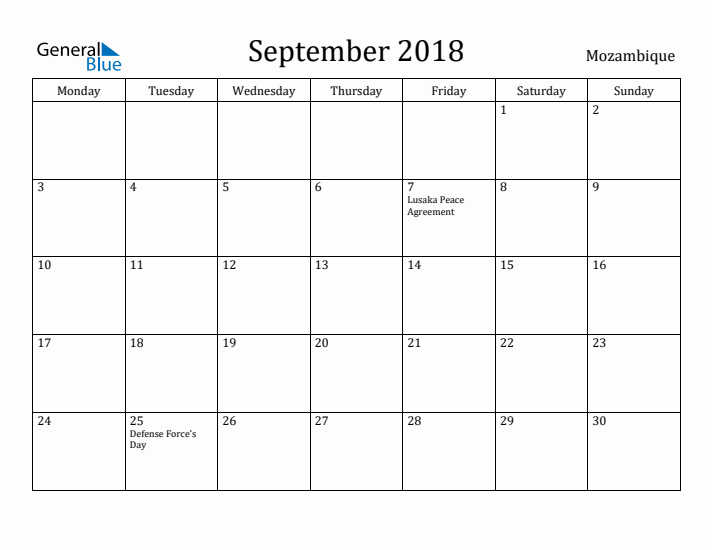 September 2018 Calendar Mozambique