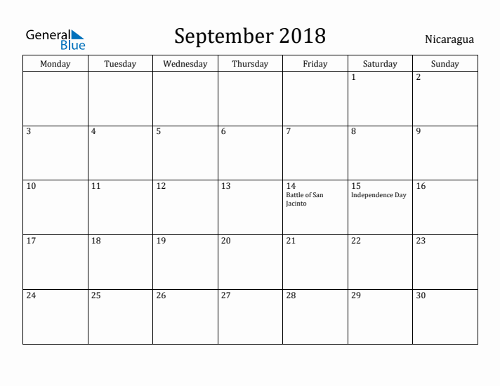 September 2018 Calendar Nicaragua
