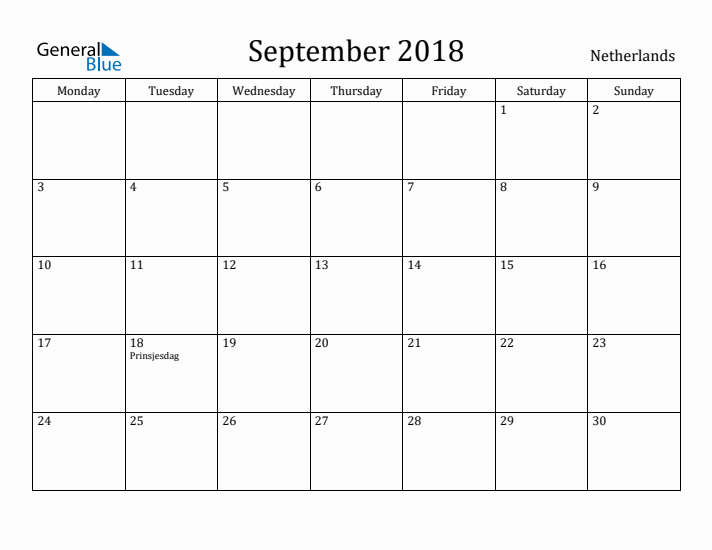 September 2018 Calendar The Netherlands