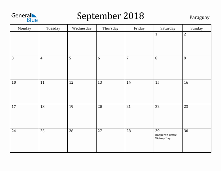 September 2018 Calendar Paraguay