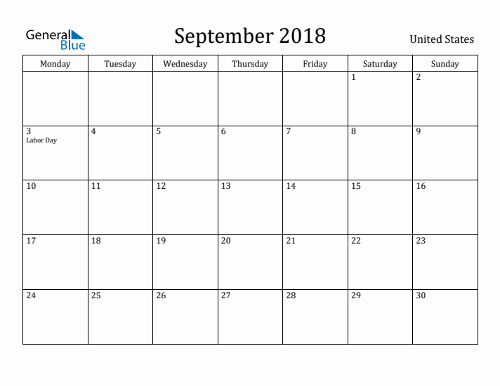September 2018 Calendar United States