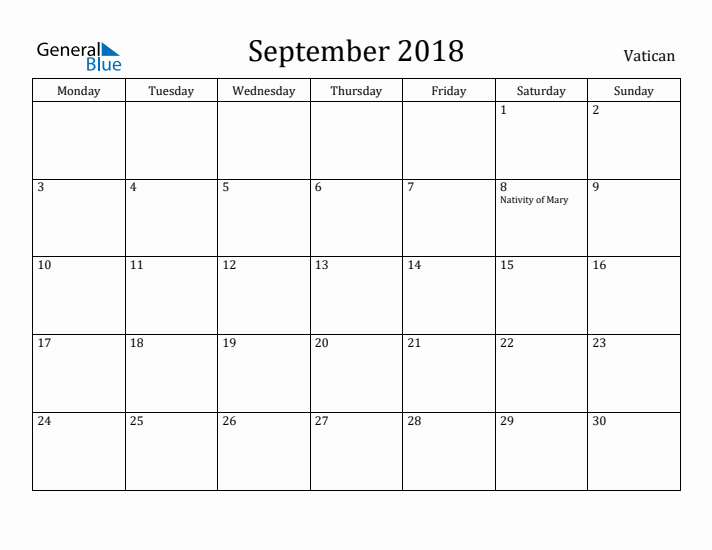 September 2018 Calendar Vatican