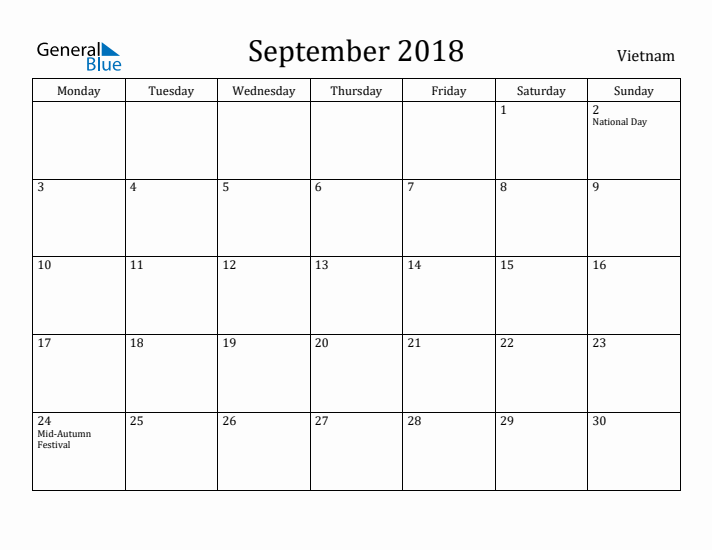 September 2018 Calendar Vietnam