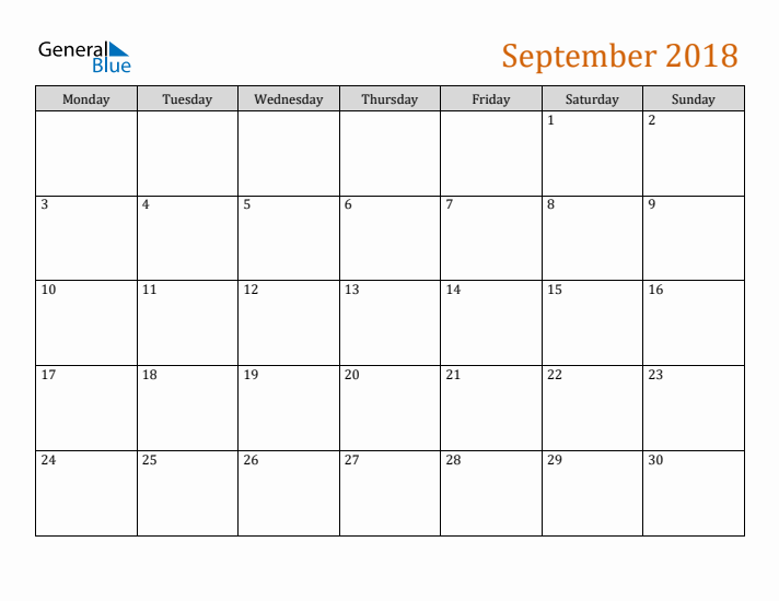 Editable September 2018 Calendar