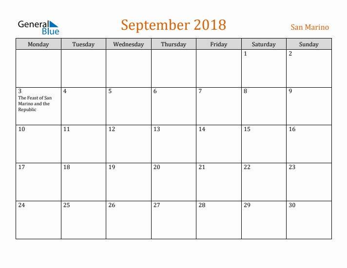September 2018 Holiday Calendar with Monday Start