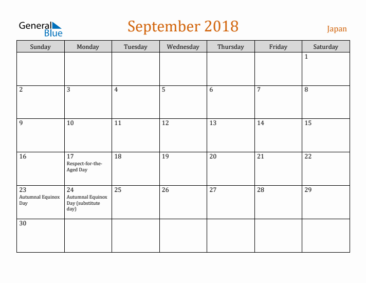 September 2018 Holiday Calendar with Sunday Start