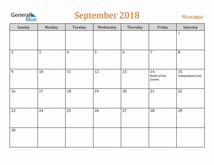 September 2018 Holiday Calendar with Sunday Start