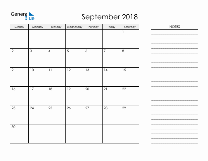 Printable Monthly Calendar with Notes - September 2018